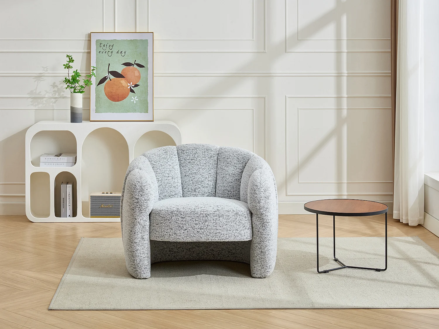 Fauteuil coquillage en tissu chenille gris DELIPO