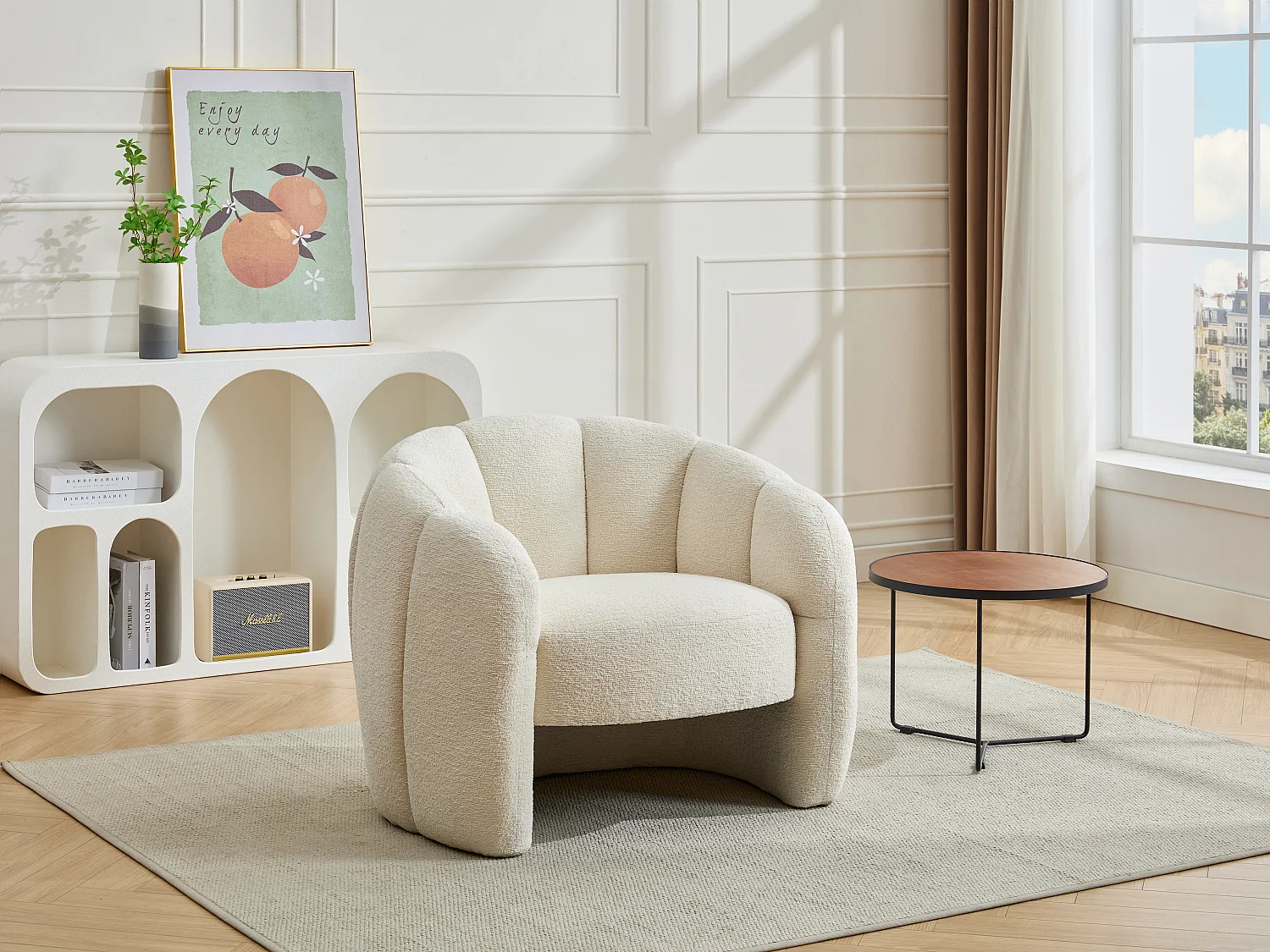 Fauteuil coquillage en tissu chenille beige DELIPO