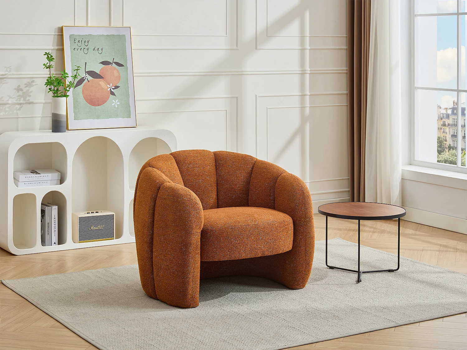 Fauteuil coquillage en tissu chenille terracotta DELIPO