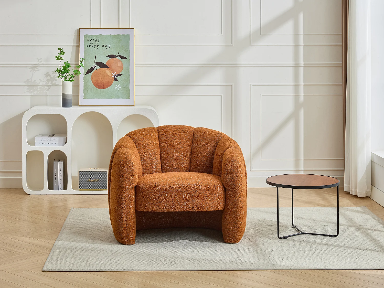 Sillón con forma de concha de tela de chenilla terracota DELIPO