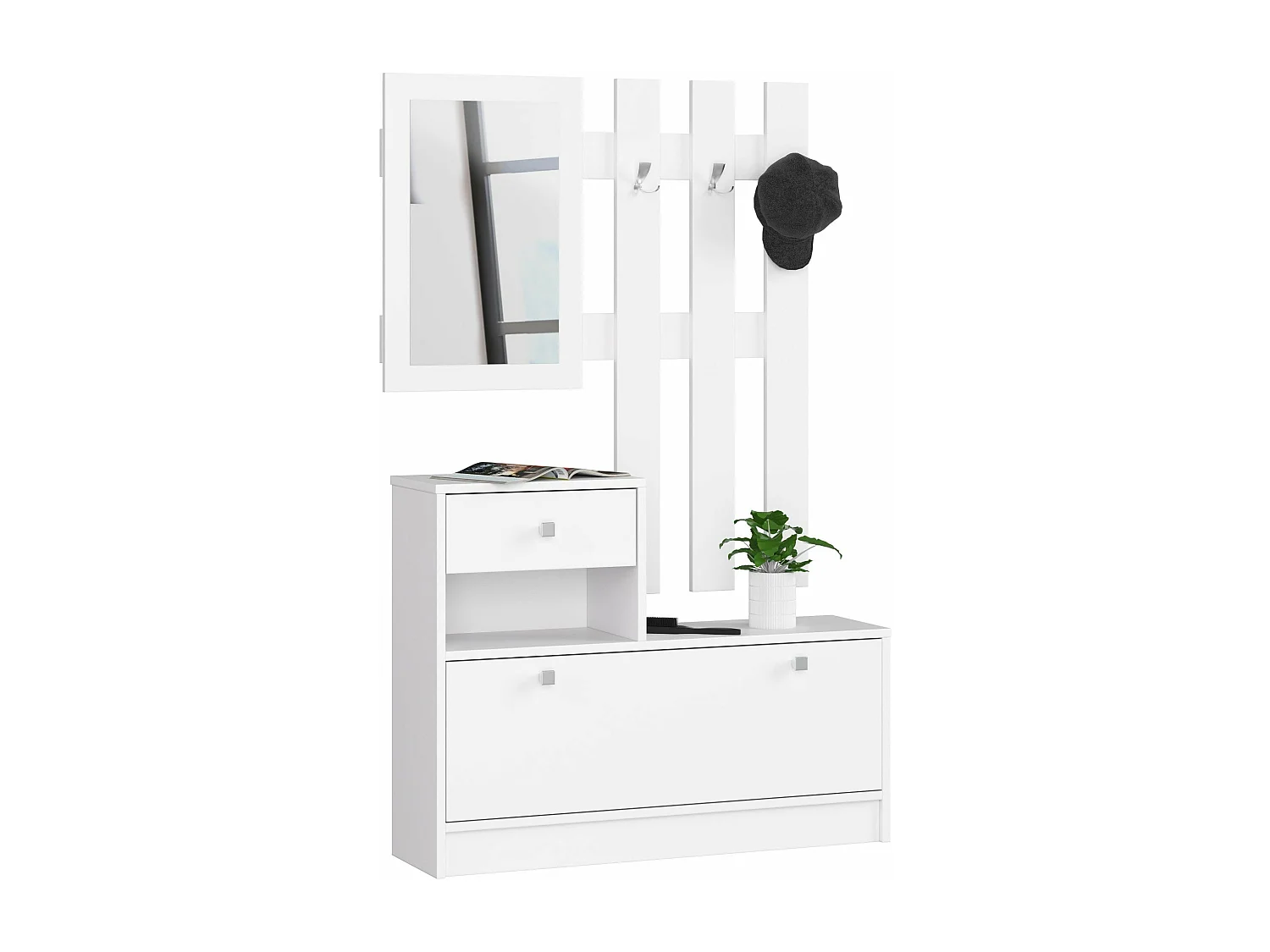 meuble d'entrée porte manteau armoire à chaussures blanc 90 cm 1 porte 1 tiroir mat, 2 étagères