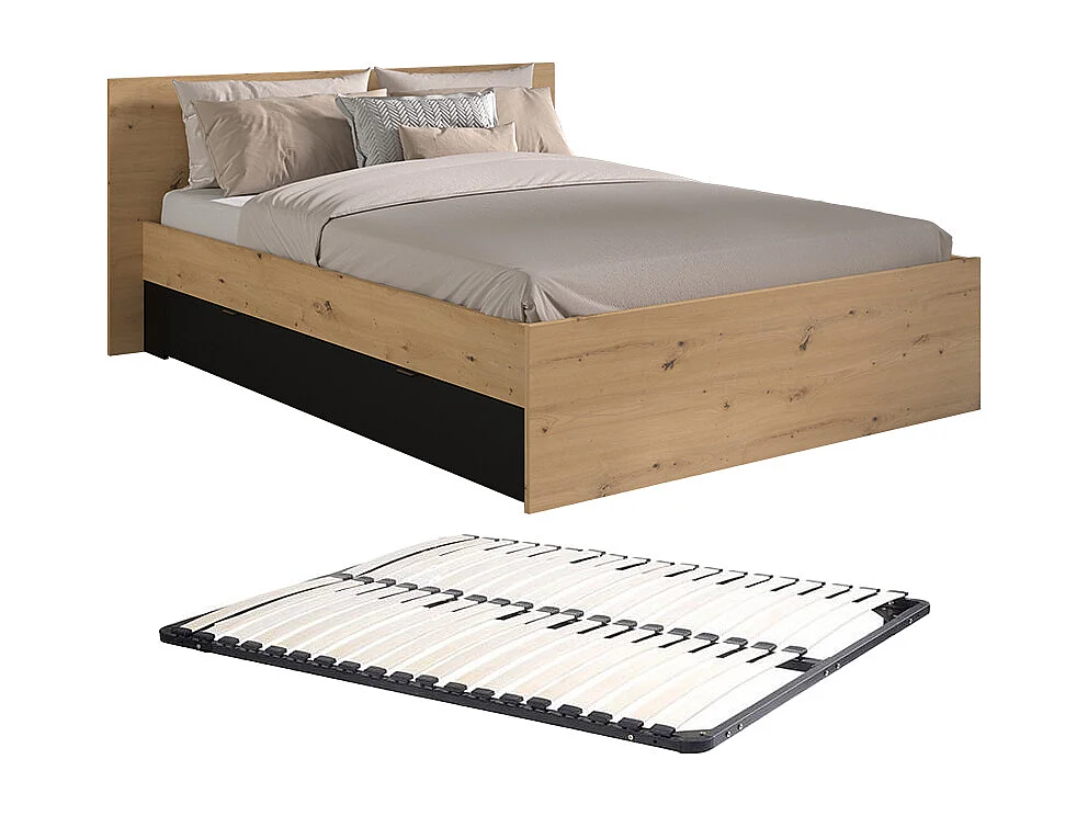 Lit avec 2 tiroirs 140 x 190/200 cm - Coloris : Naturel et noir + Sommier - VARLY
