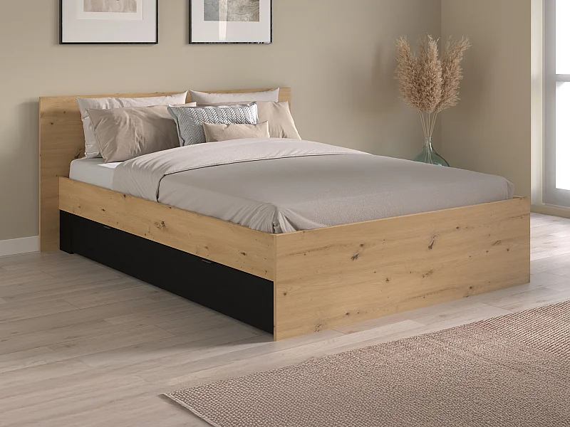 Lit avec 2 tiroirs 140 x 190/200 cm - Coloris : Naturel et noir + Sommier + Matelas - VARLY