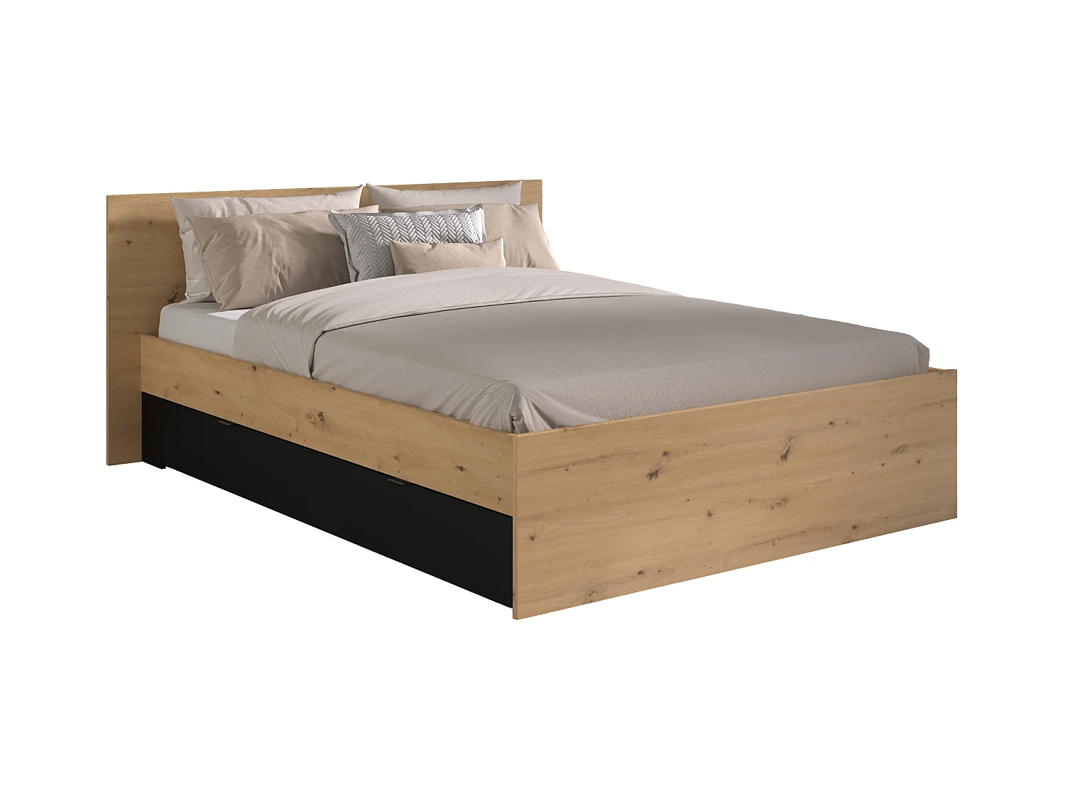 Bed met 2 lades 140 x 190/200 cm - Kleur: naturel en zwart + bedbodem + matras - VARLY