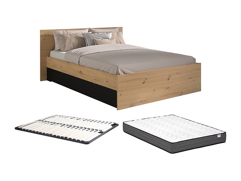 Bett mit 2 Schubladen + Lattenrost + Matratze - 140 x 190/200 cm - Holzfarb günstig online kaufen