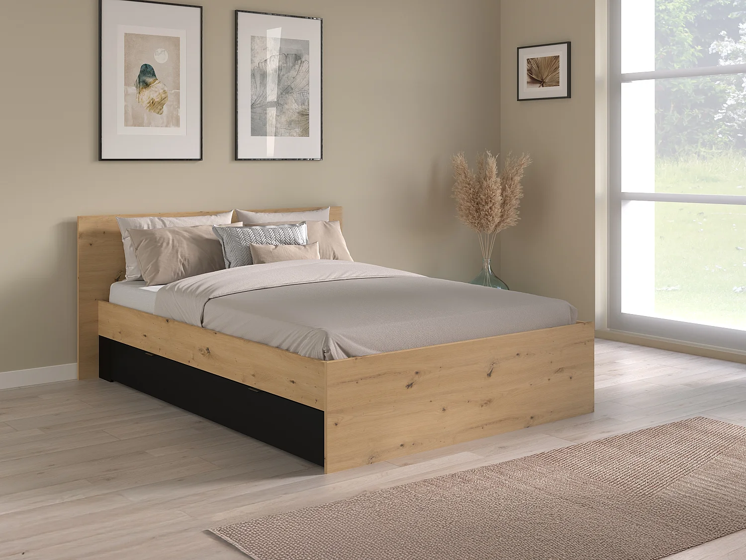 Lit avec 2 tiroirs 160 x 200 cm - Coloris : Naturel et noir + Sommier - VARLY