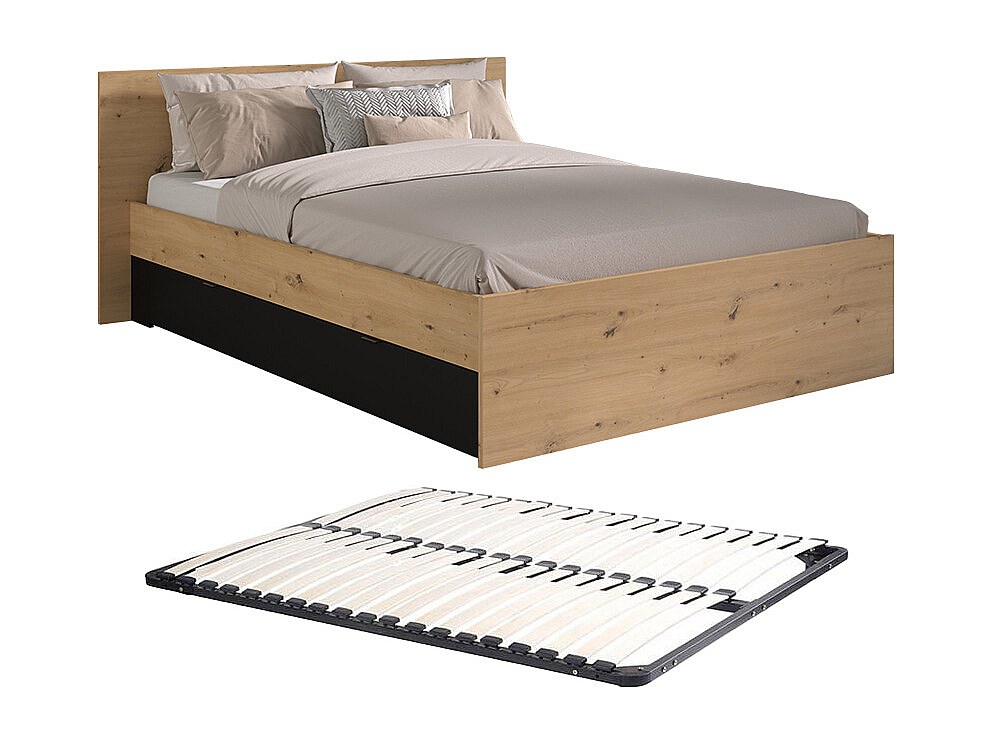 Bett mit 2 Schubladen + Lattenrost - 160 x 200 cm - Holzfarben & Schwarz - günstig online kaufen