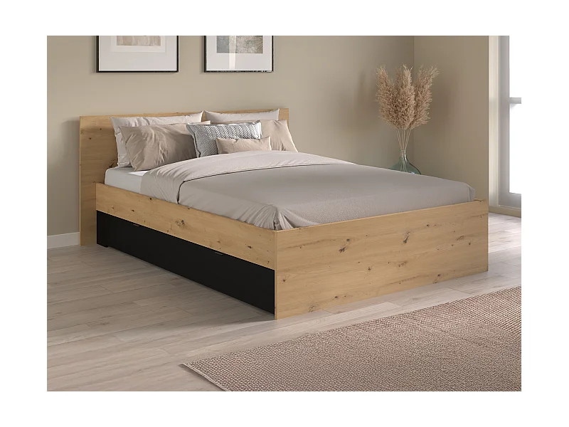 Bett mit 2 Schubladen + Lattenrost + Schublade - 160 x 200 cm - Holzfarben & Schwarz - VARLY