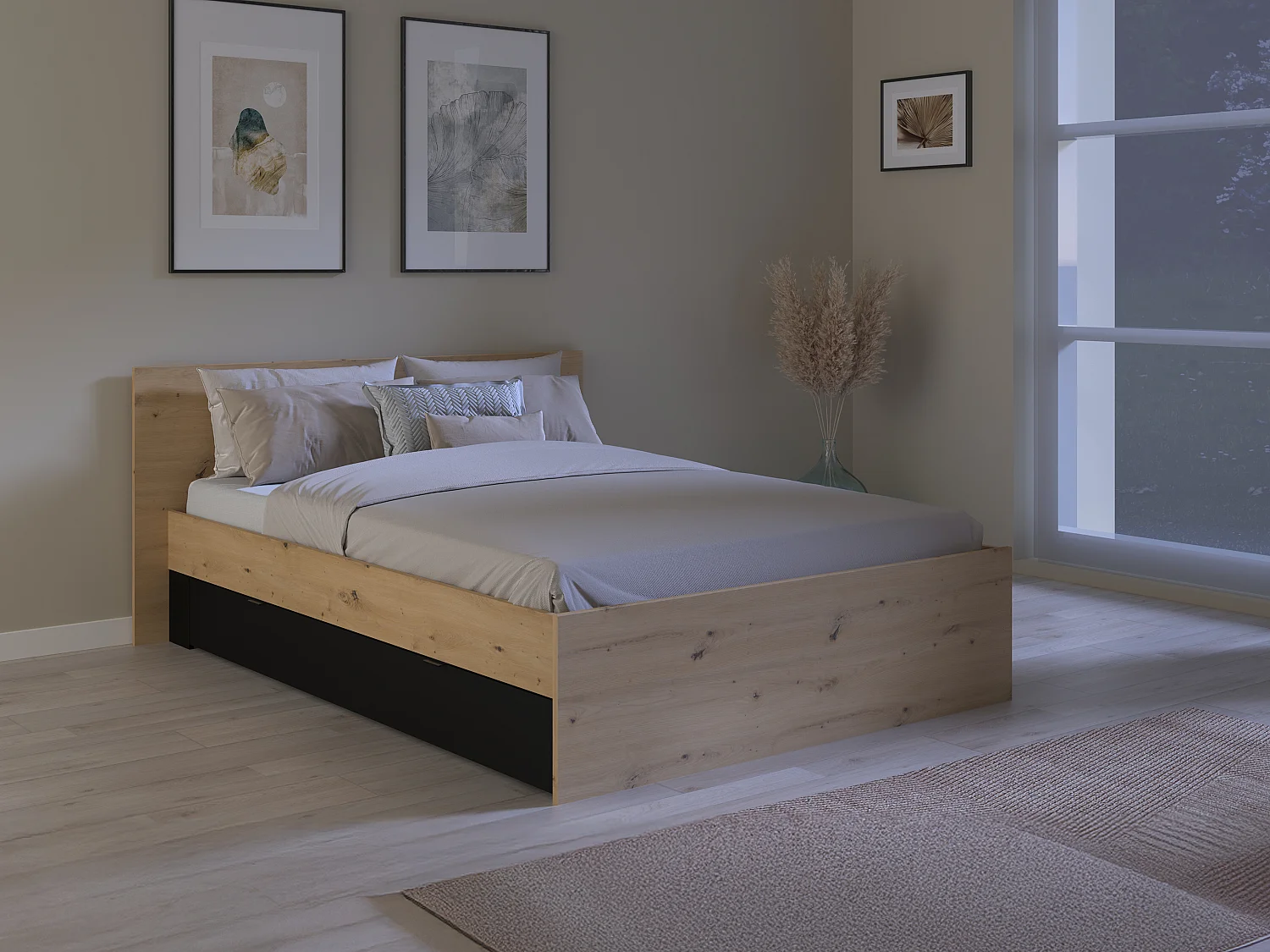 Lit avec 2 tiroirs 160 x 200 cm - Coloris : Naturel et noir + Sommier + Matelas - VARLY