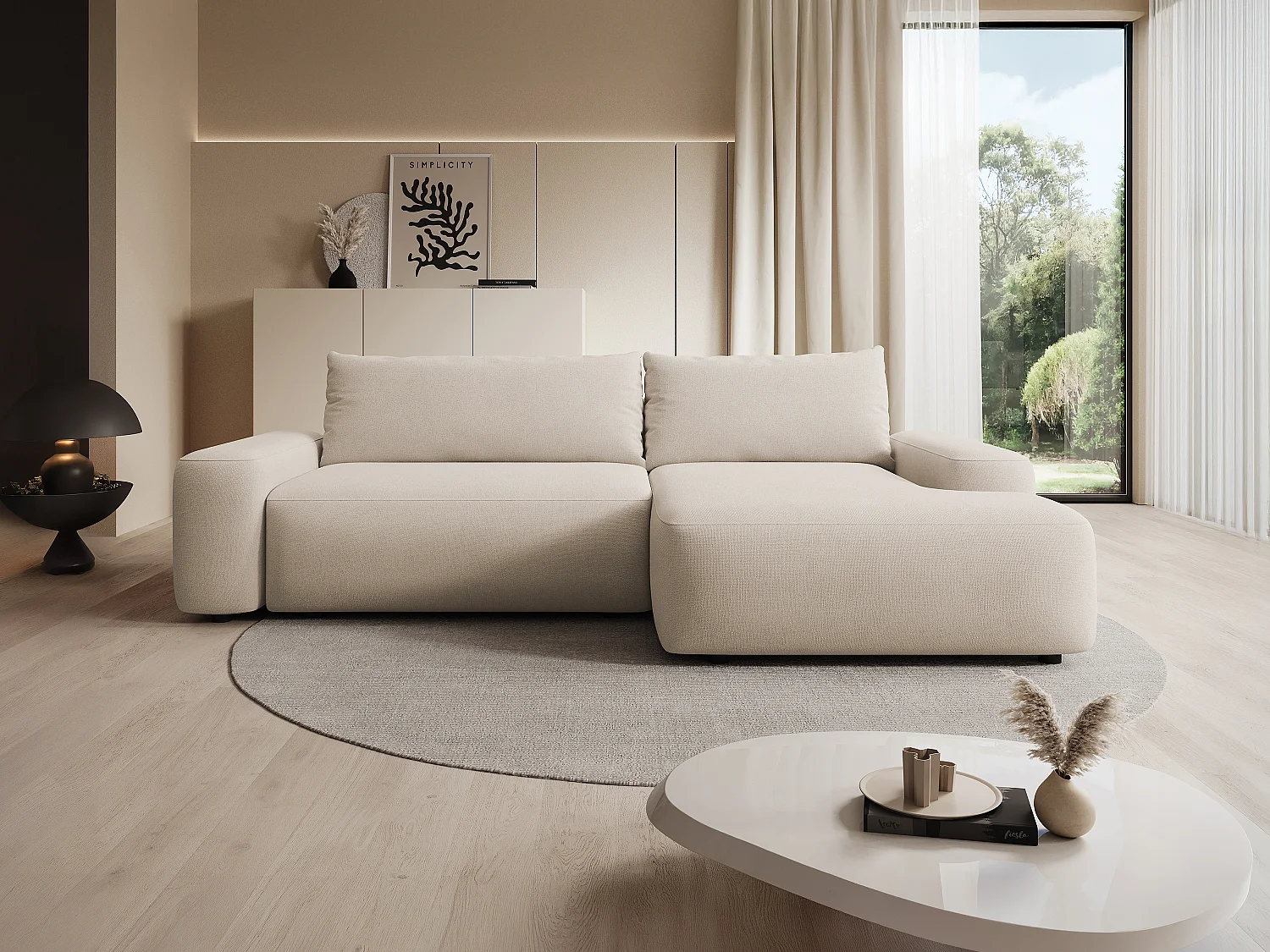 Canapé d'angle droit convertible en tissu texturé beige DAVISO