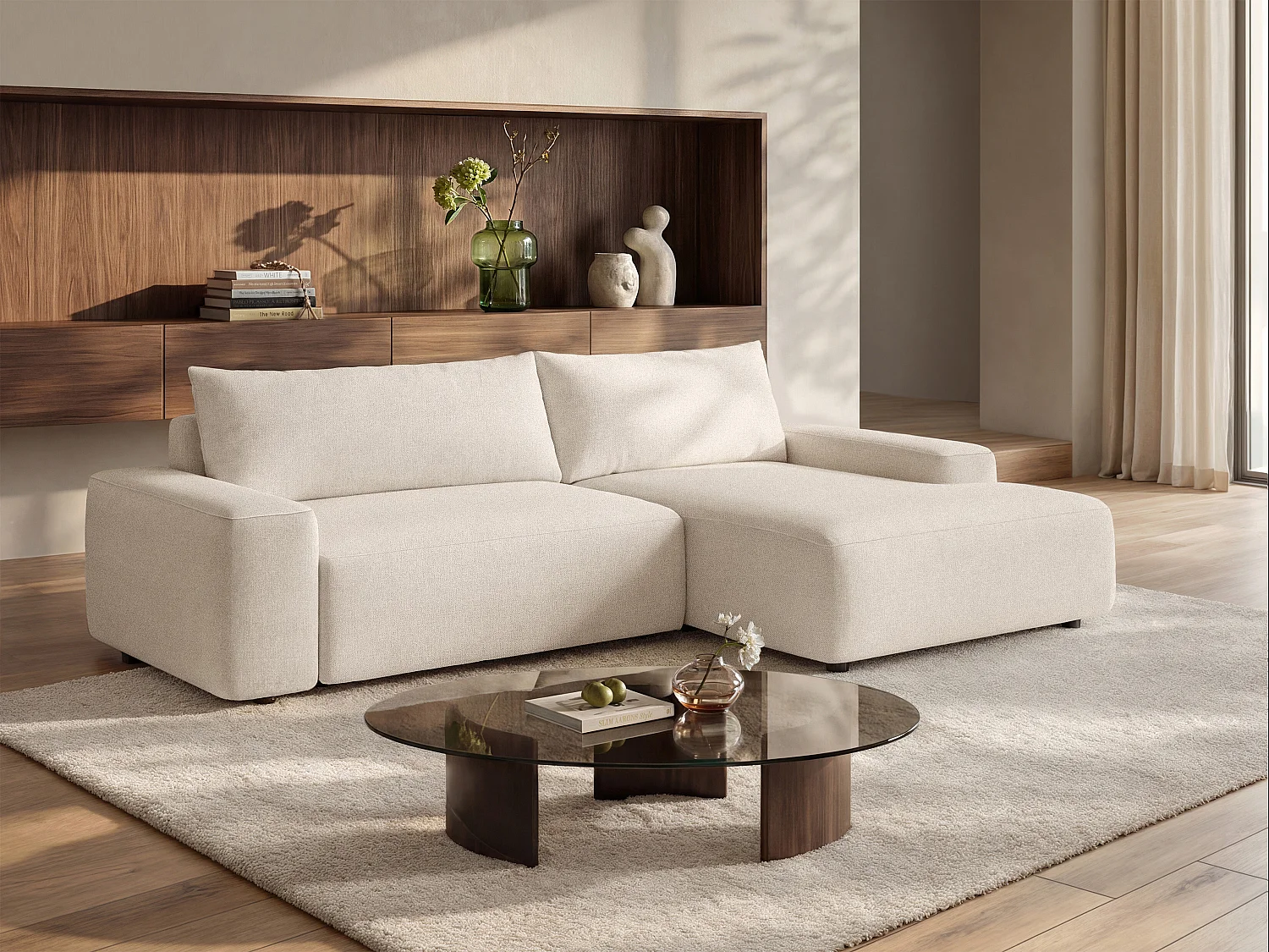 Right-hand corner convertible sofa in textured beige fabric DAVISO
