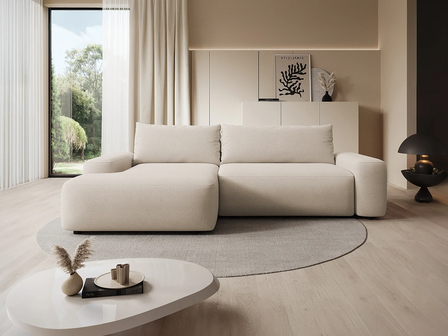 Canapé d'angle gauche convertible en tissu texturé beige DAVISO