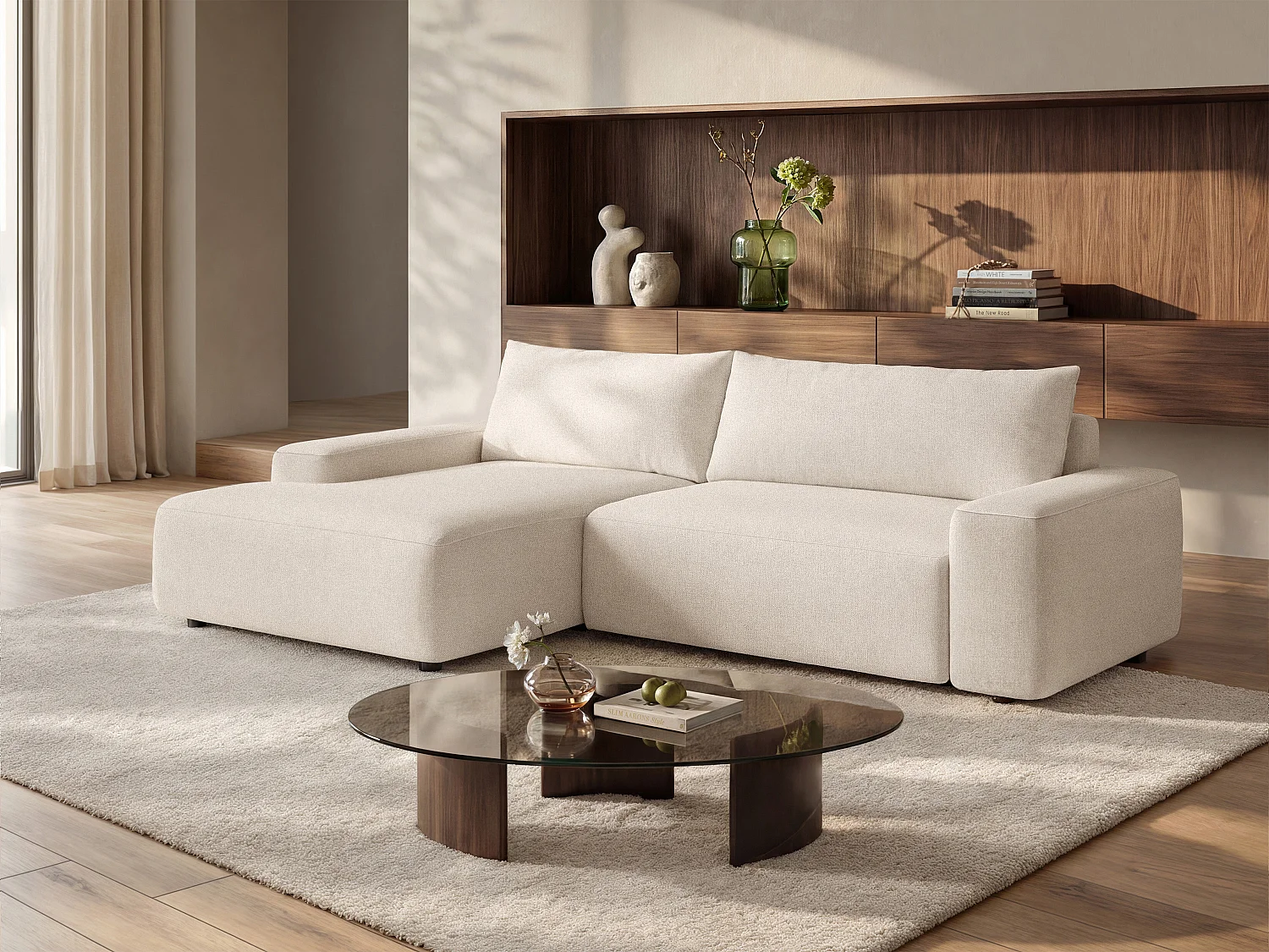 Canapé d'angle gauche convertible en tissu texturé beige DAVISO