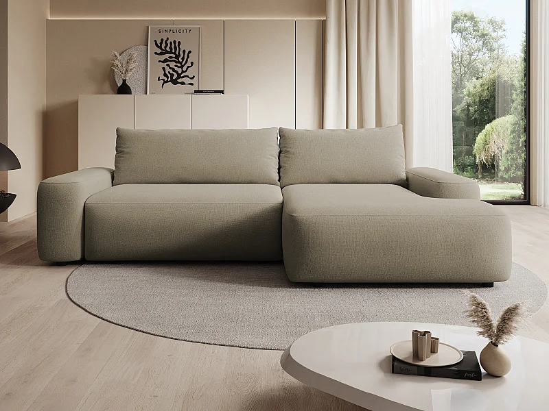 Canapé d'angle droit convertible en tissu texturé taupe DAVISO