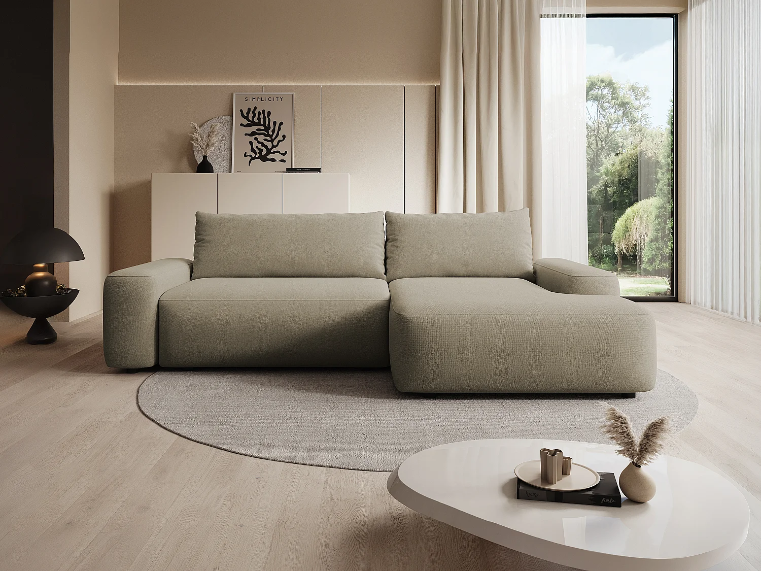 Canapé d'angle droit convertible en tissu texturé taupe DAVISO