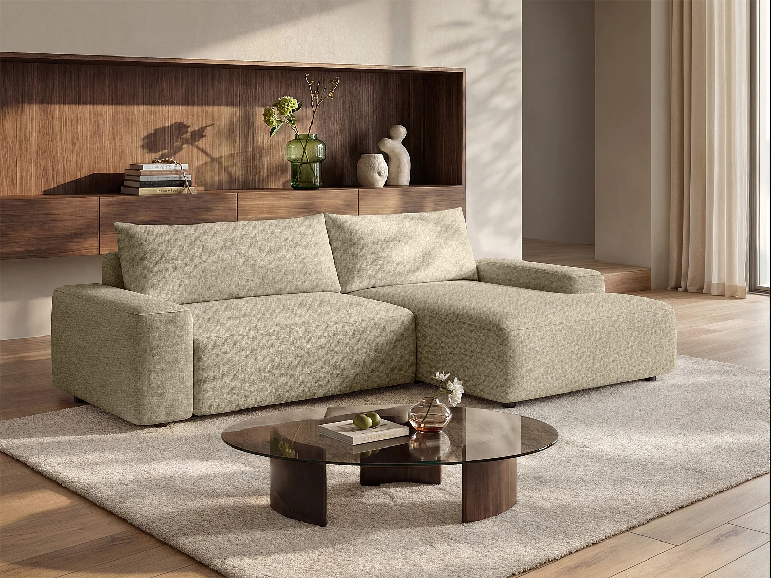 Hoekslaapbank met hoek rechts van taupegrijze stof met textuur DAVISO