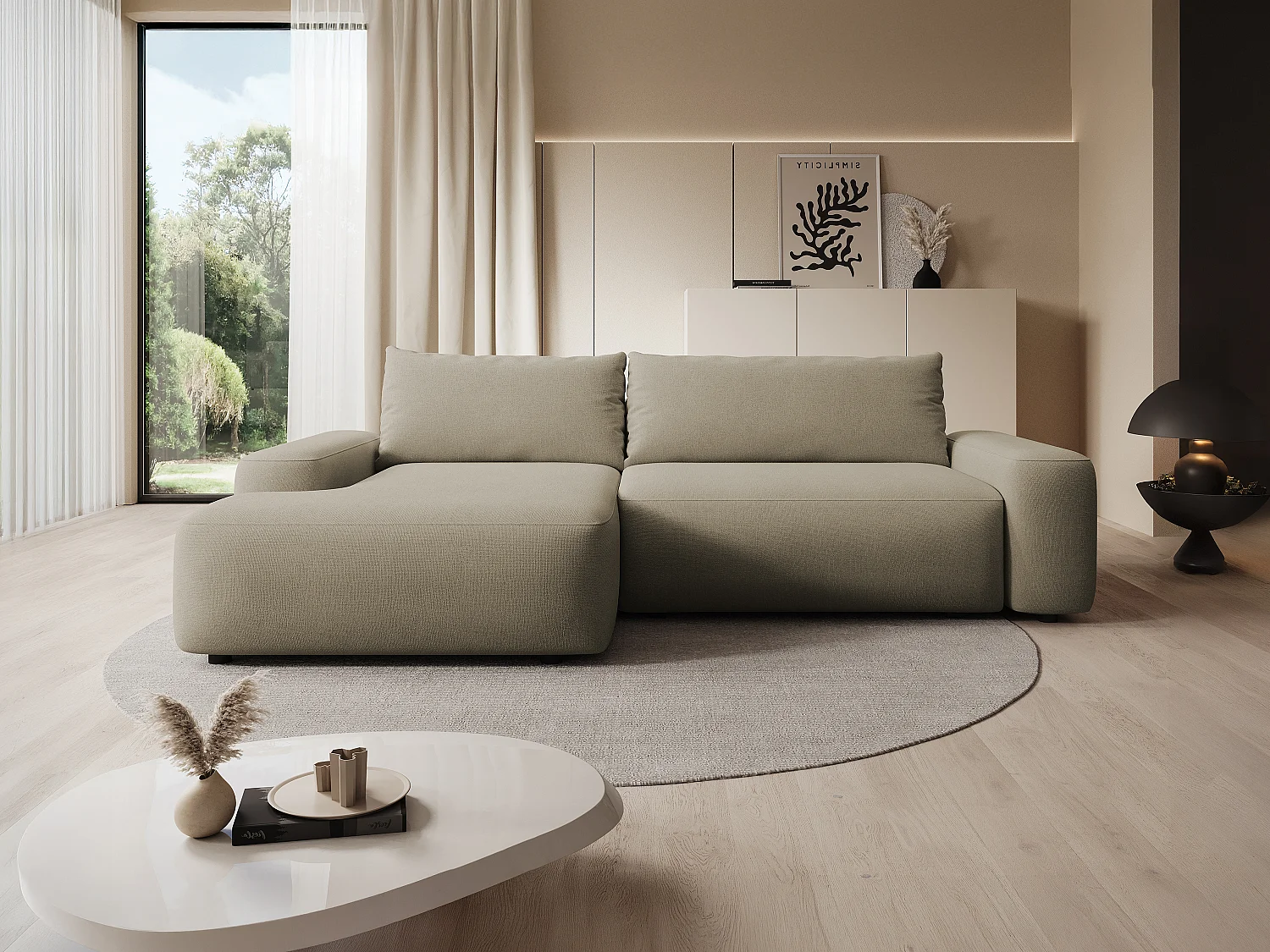 Canapé d'angle gauche convertible en tissu texturé taupe DAVISO