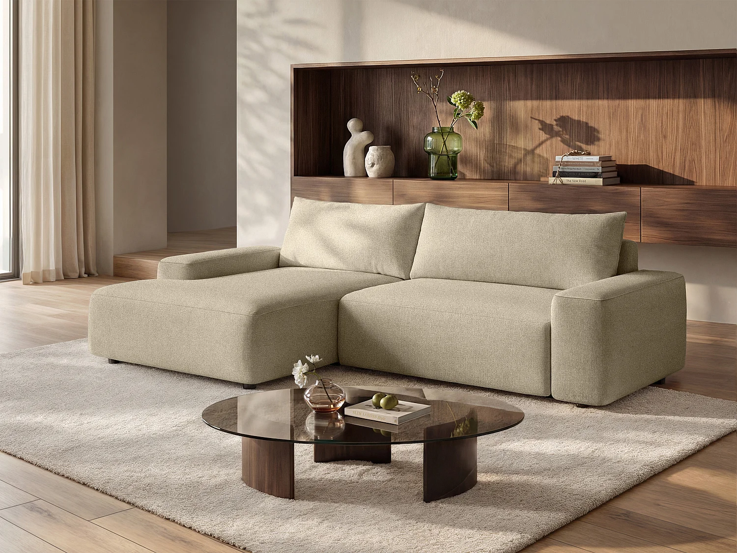 Left-hand convertible corner sofa in textured taupe fabric DAVISO