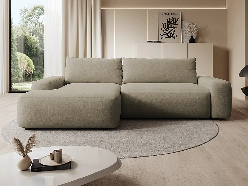 Canapé d'angle gauche convertible en tissu texturé taupe DAVISO