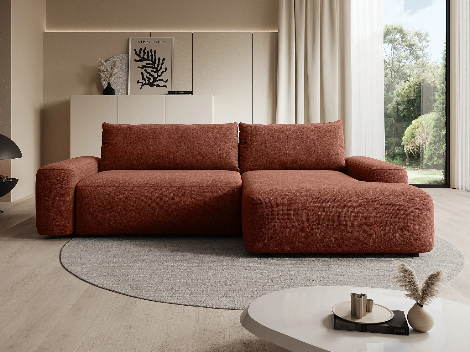 Ecksofa mit Schlaffunktion - Ecke rechts - Strukturstoff - Terracotta - DAVISO
