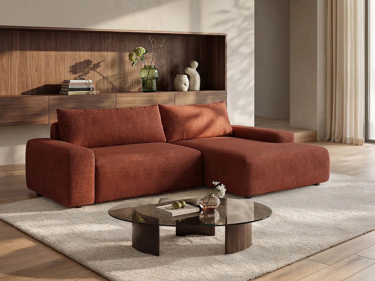 Ecksofa mit Schlaffunktion - Ecke rechts - Strukturstoff - Terracotta - DAVISO