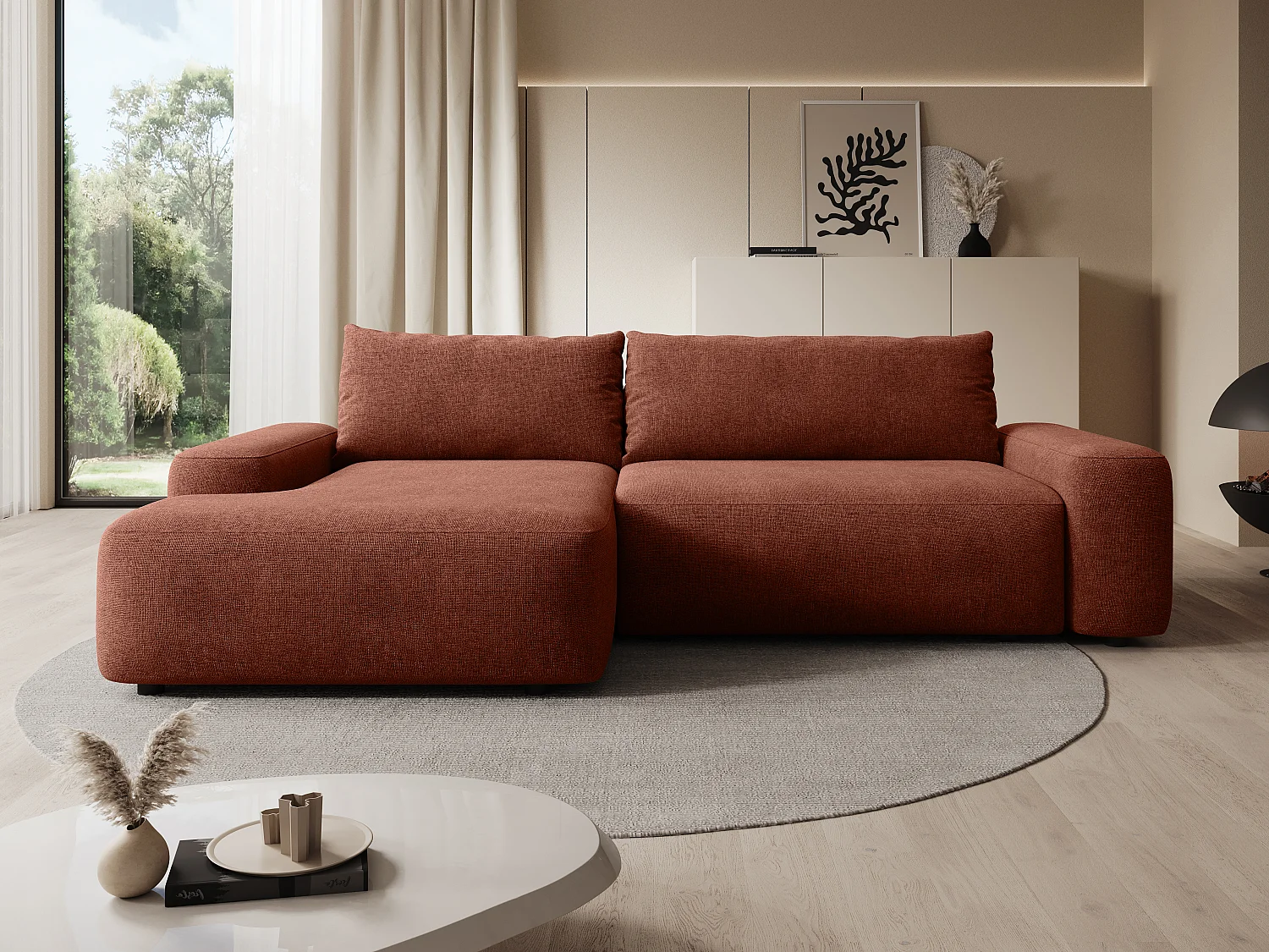 Canapé d'angle gauche convertible en tissu texturé terracotta DAVISO