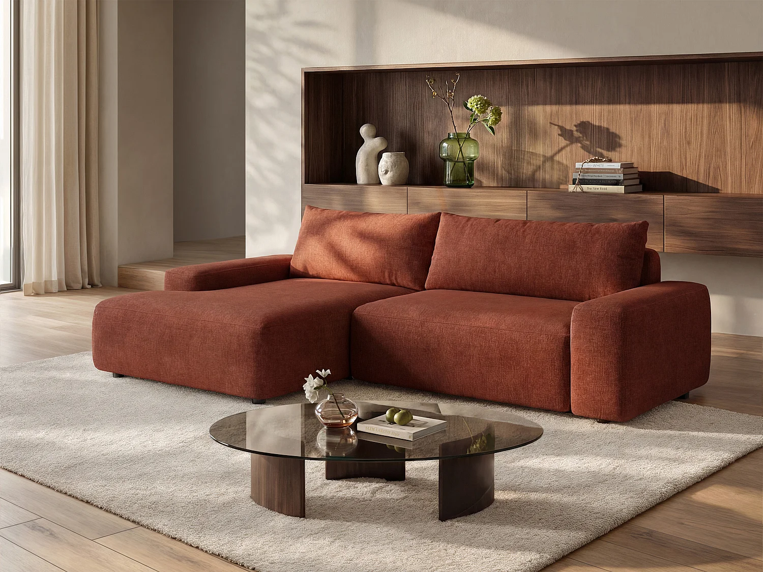 Left-hand corner convertible sofa in textured terracotta fabric DAVISO
