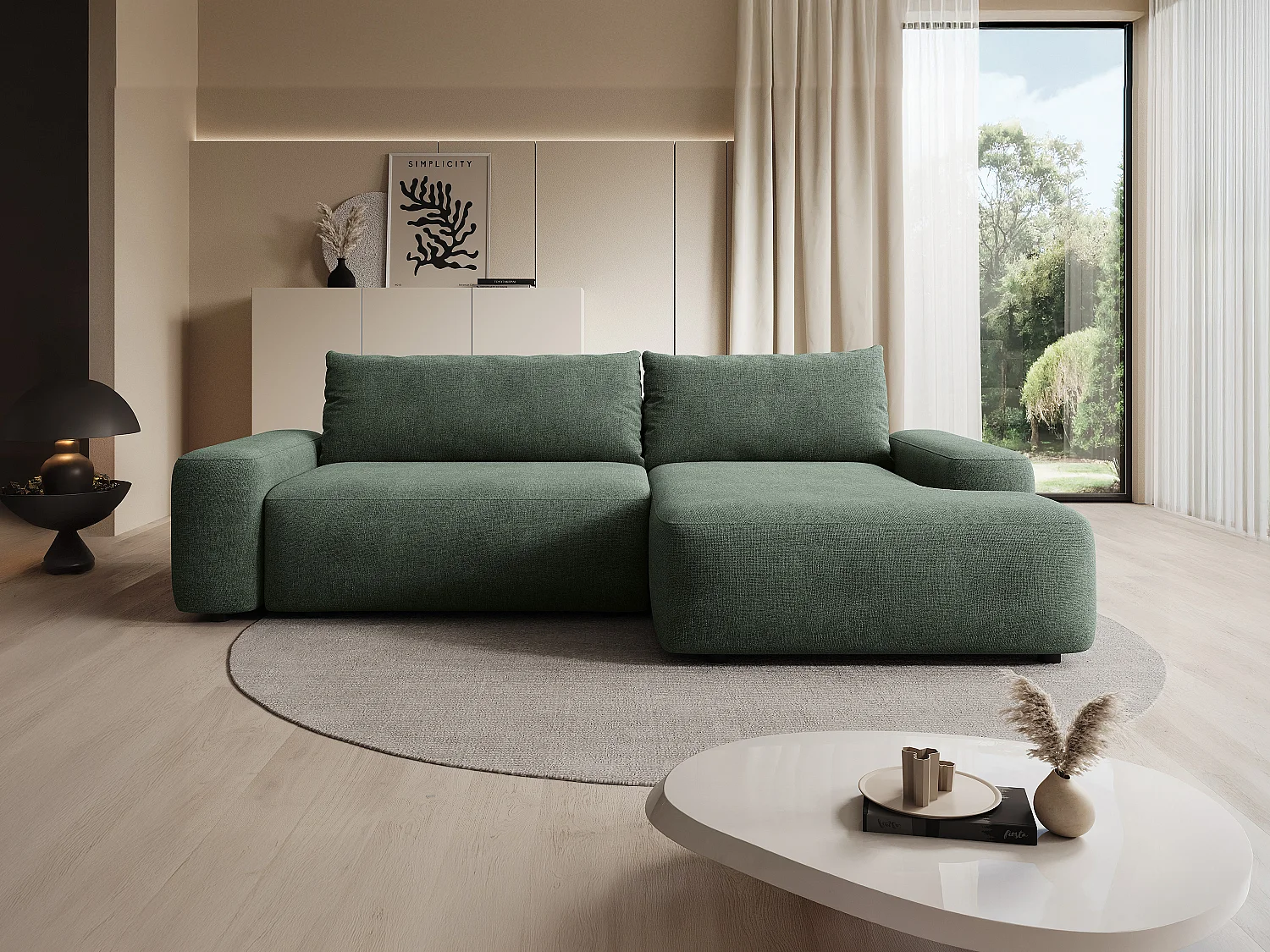 Canapé d'angle droit convertible en tissu texturé vert DAVISO