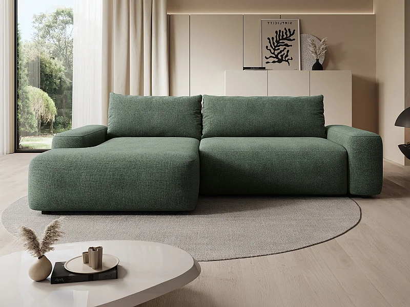 Canapé d'angle gauche convertible en tissu texturé vert DAVISO
