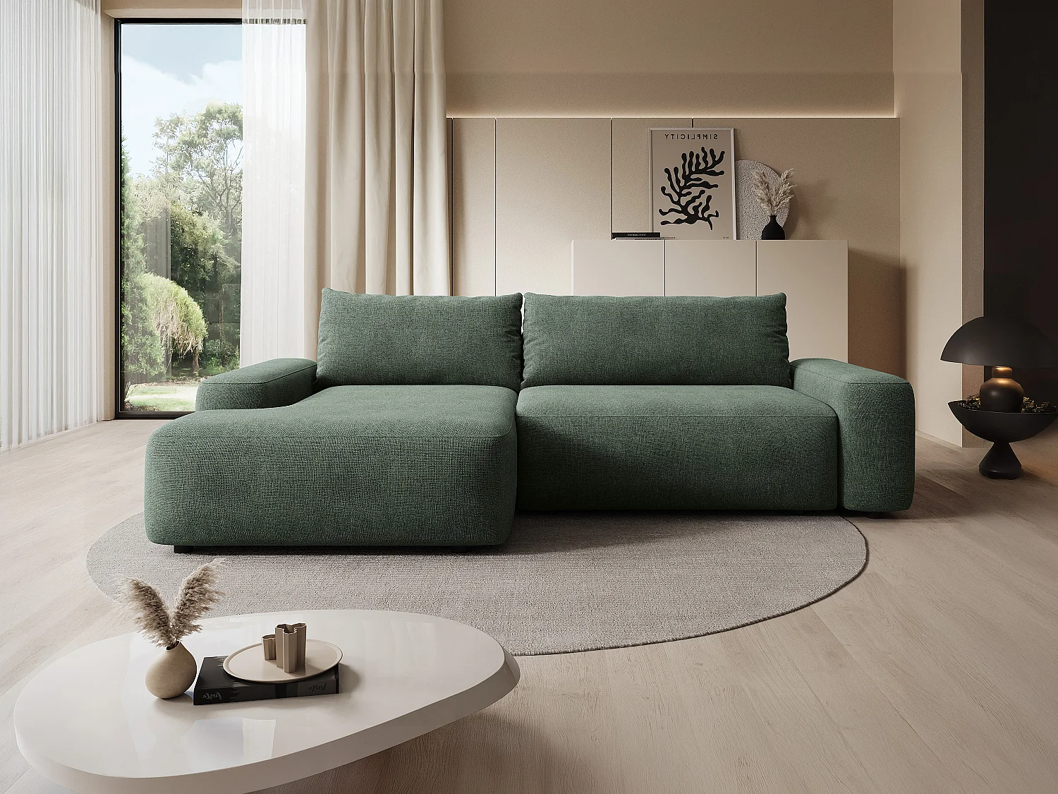 Ecksofa mit Schlaffunktion - Ecke links - Strukturstoff - Grün - DAVISO