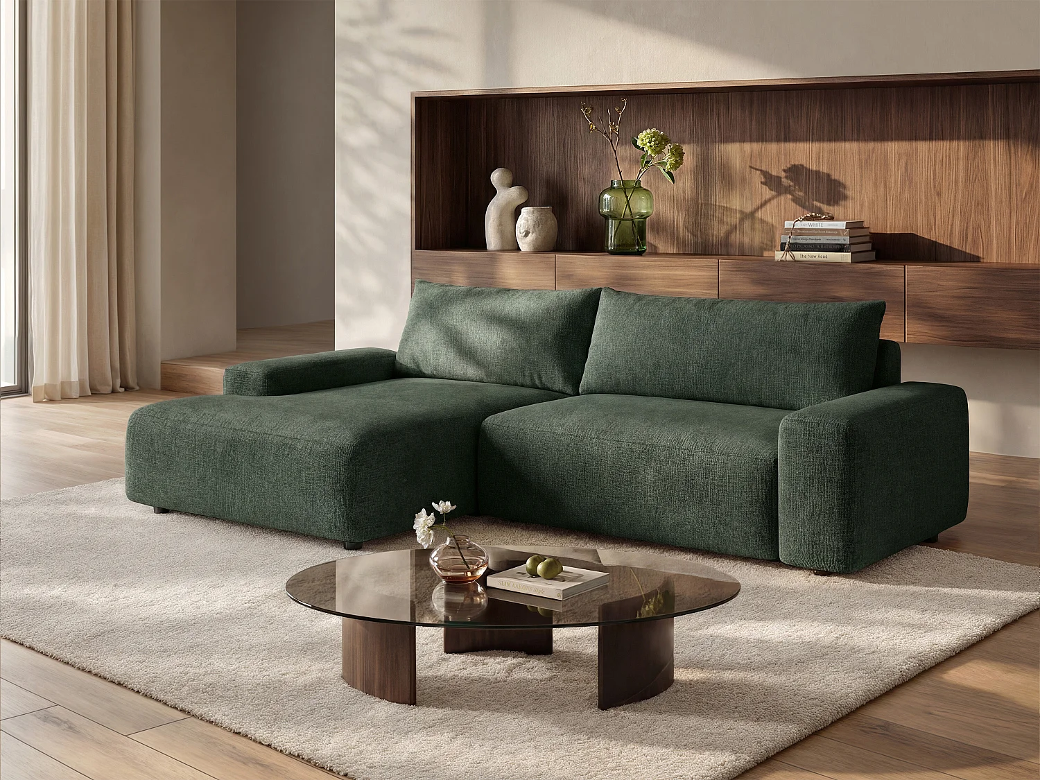 Hoekslaapbank met hoek links van groene stof met textuur DAVISO