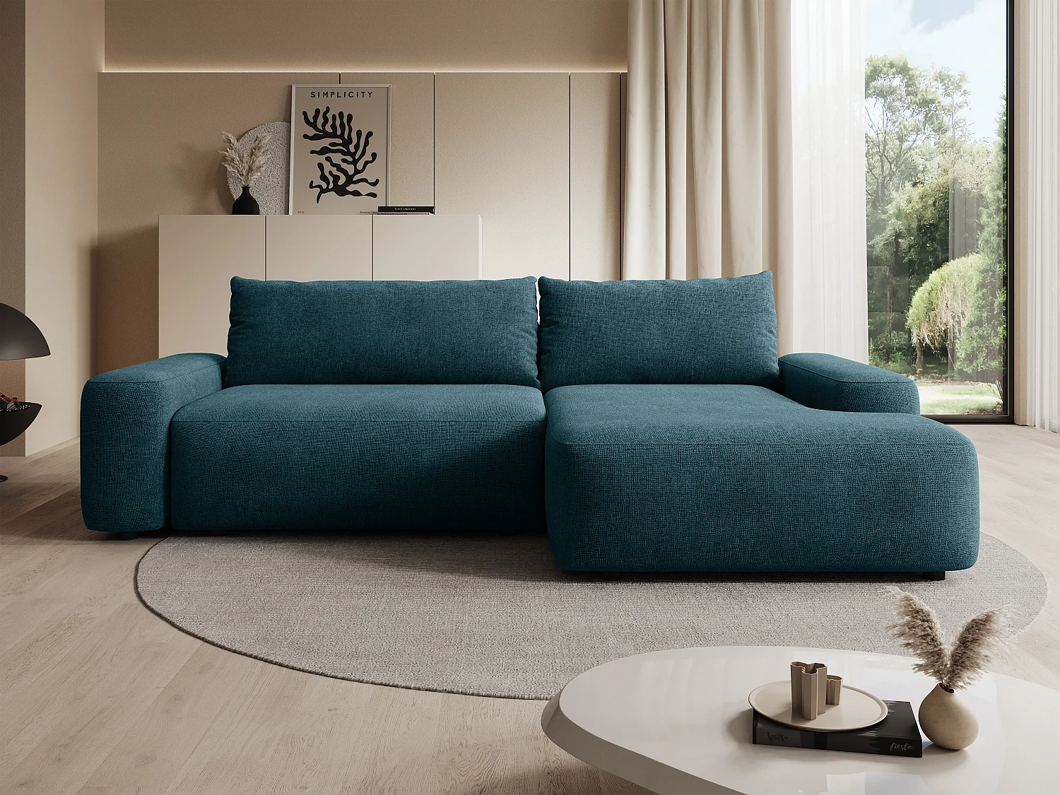Canapé d'angle droit convertible en tissu texturé bleu DAVISO