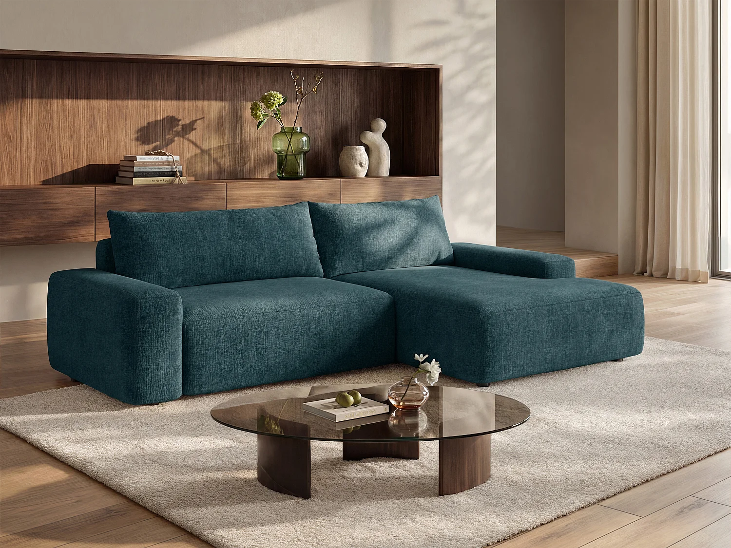 Canapé d'angle droit convertible en tissu texturé bleu DAVISO