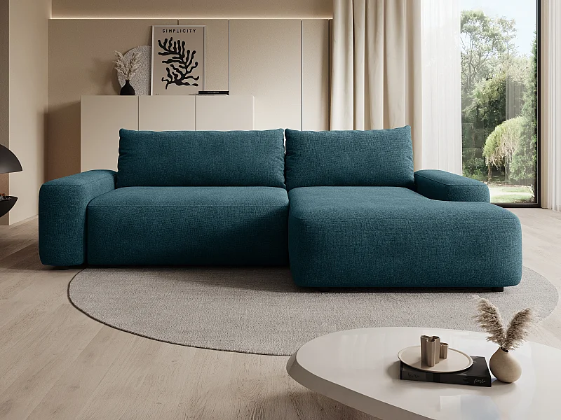 Canapé d'angle droit convertible en tissu texturé bleu DAVISO