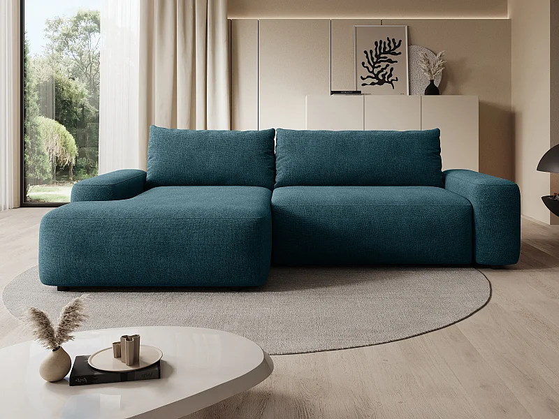 Slaapbank met hoek links van blauwe stof met textuur DAVISO