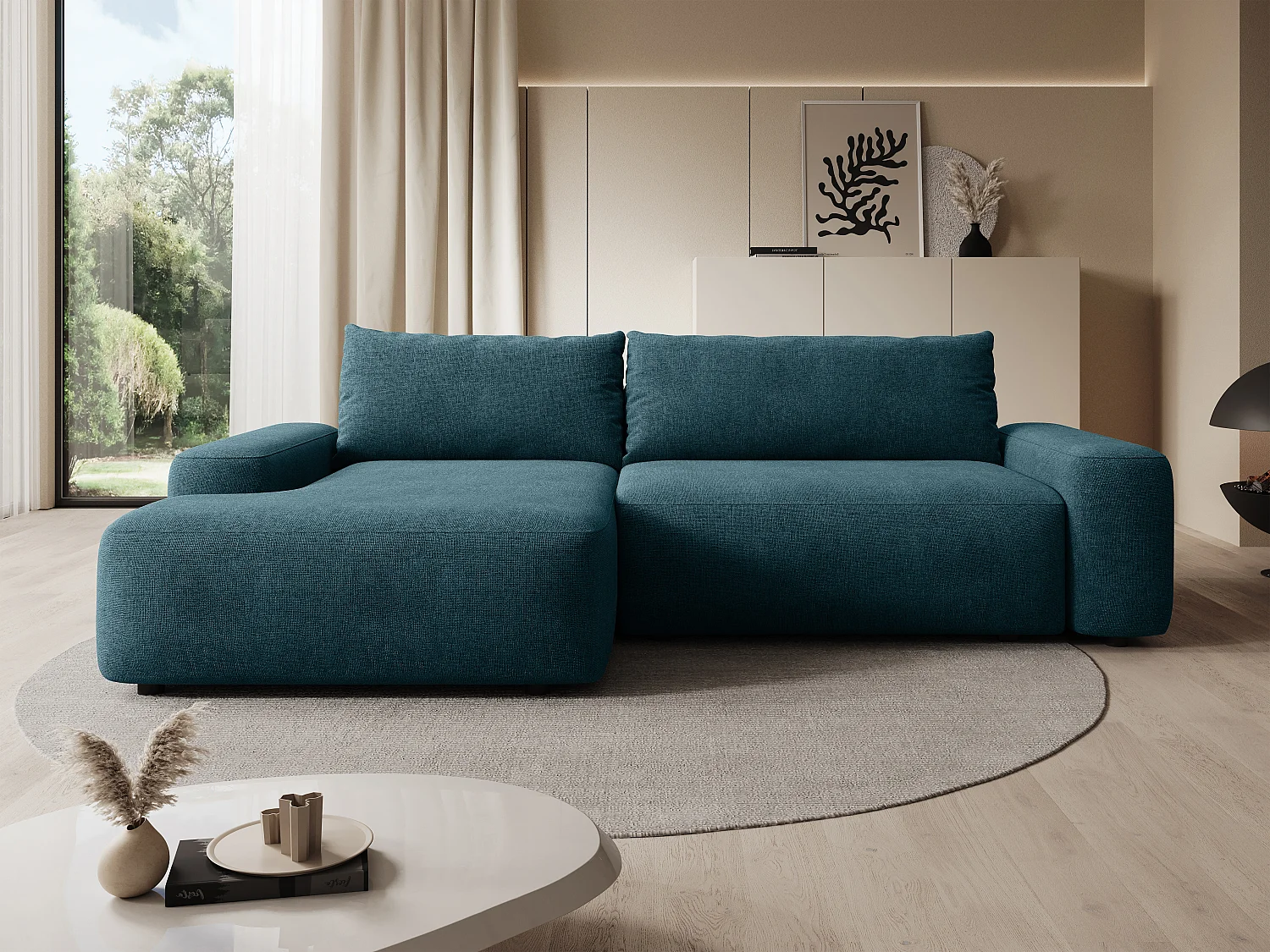 Ecksofa mit Schlaffunktion - Ecke links - Strukturstoff - Blau - DAVISO
