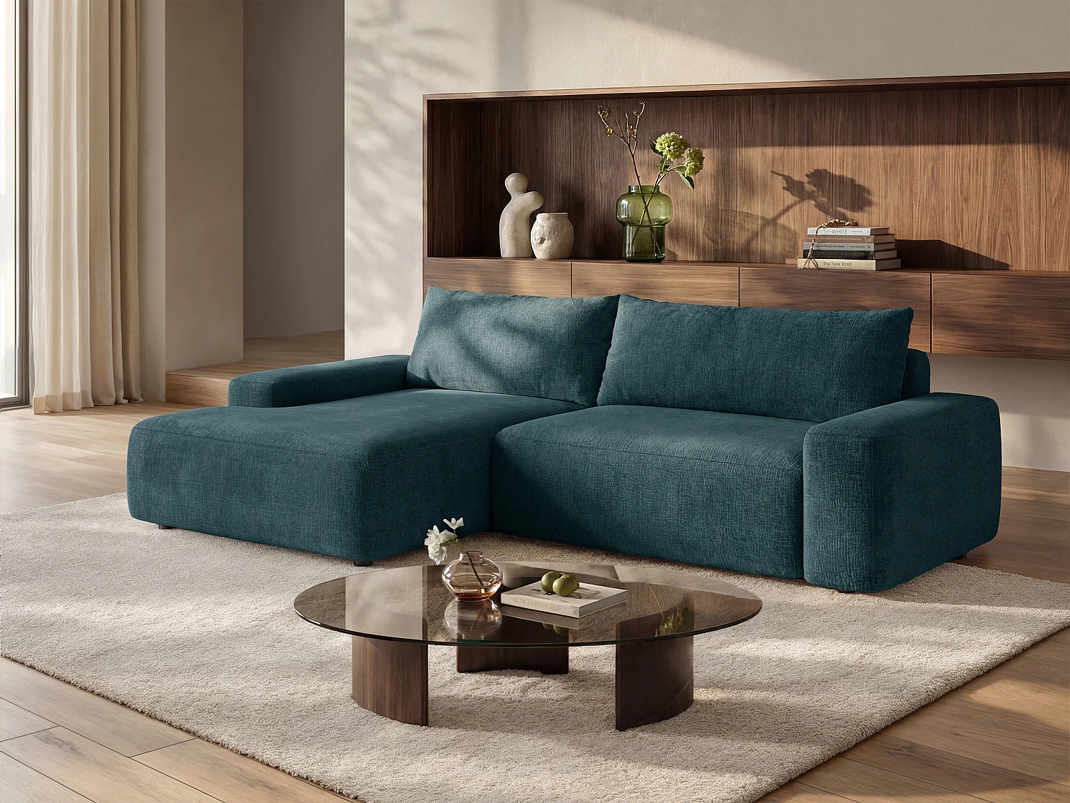 Canapé d'angle gauche convertible en tissu texturé bleu DAVISO