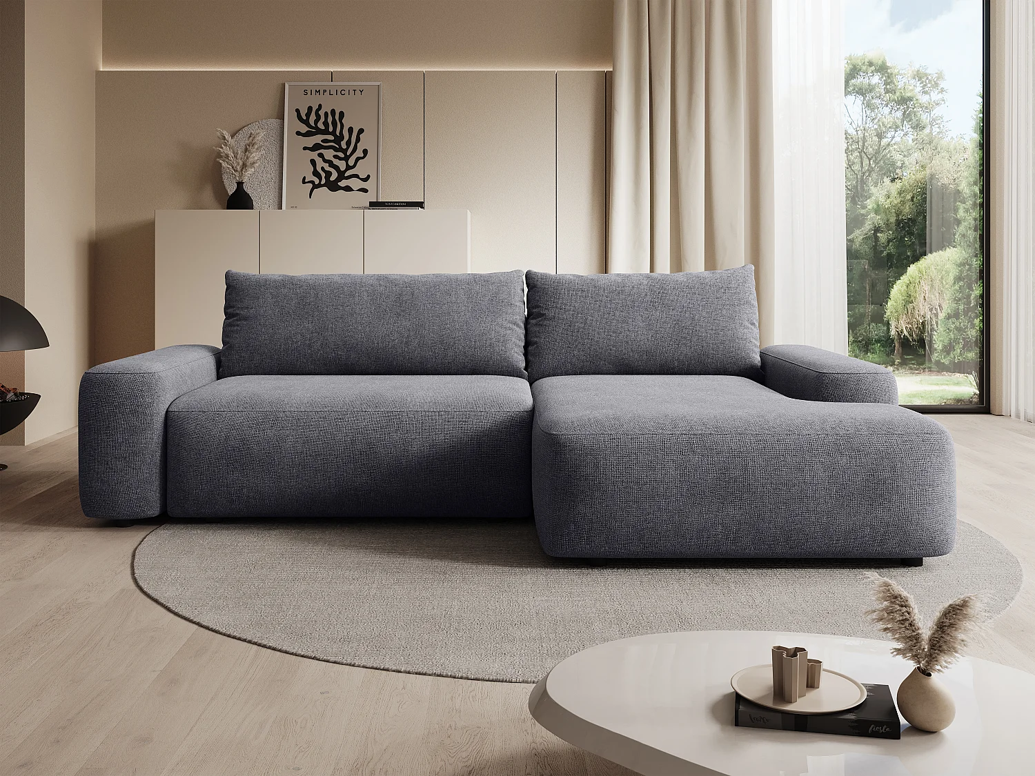Canapé d'angle droit convertible en tissu texturé gris DAVISO