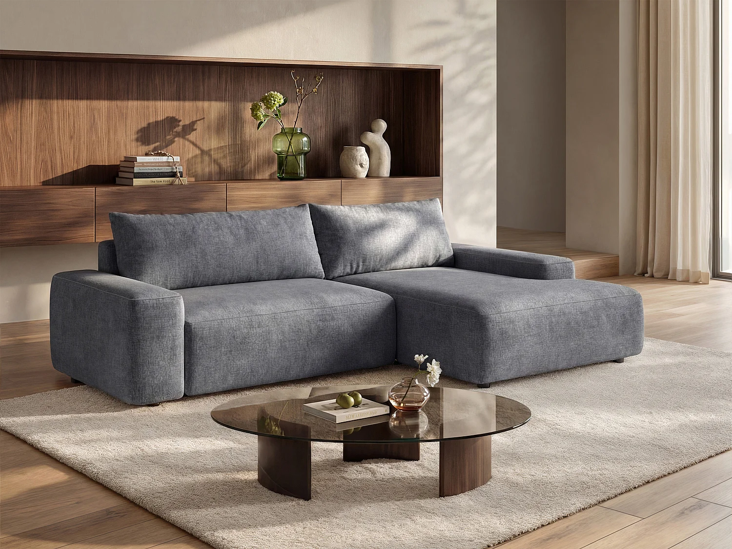 Right-hand corner sofa bed in textured grey fabric DAVISO