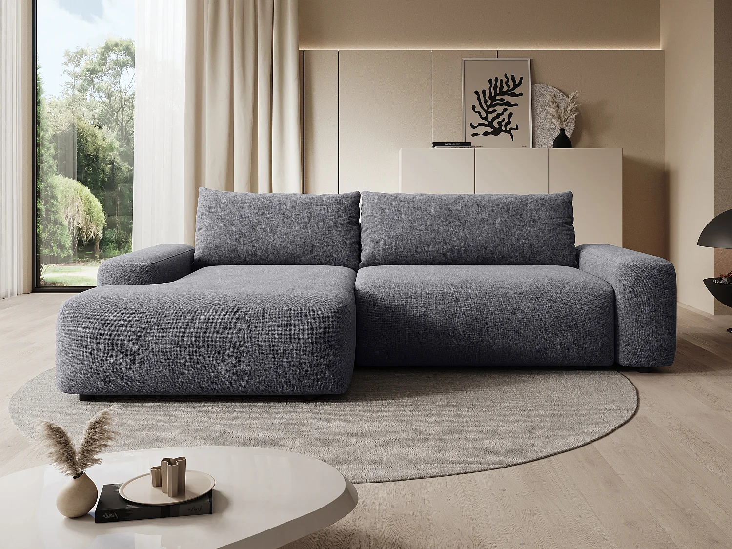 Vänstervänd bäddsoffa i grå texturerad textil DAVISO