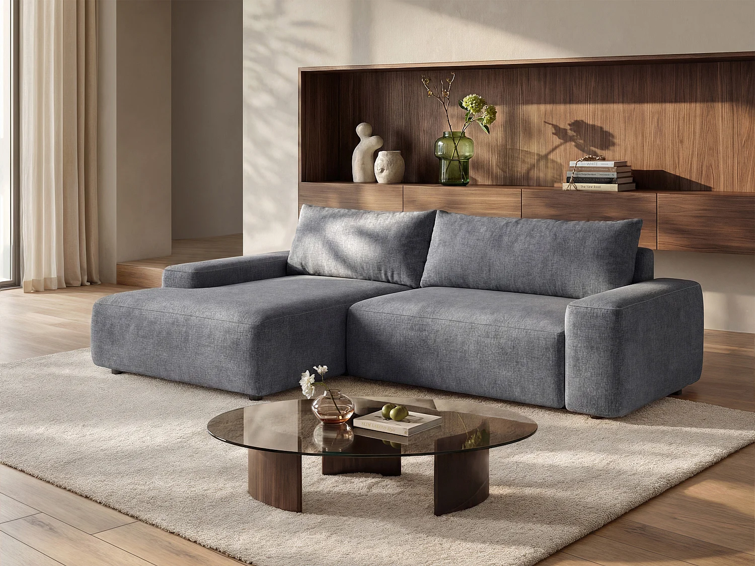Left-hand convertible corner sofa in grey textured fabric DAVISO