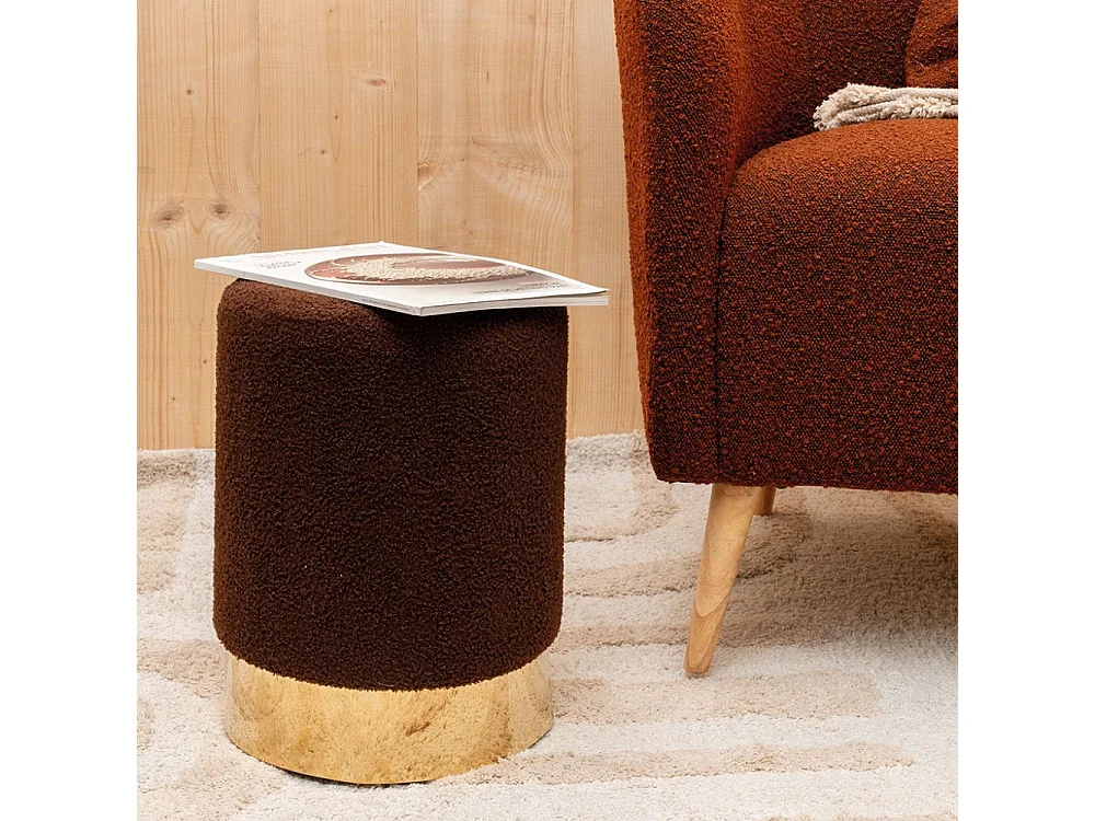 Pouf rond en bouclette et métal doré