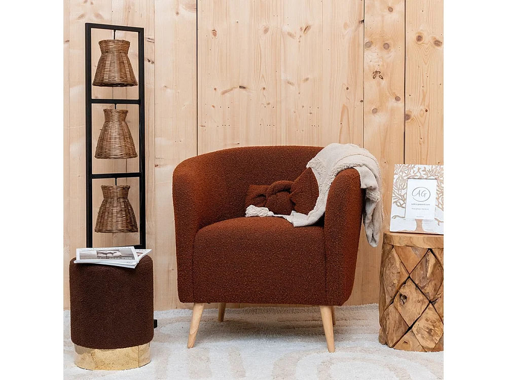 Pouf rond en bouclette et métal doré