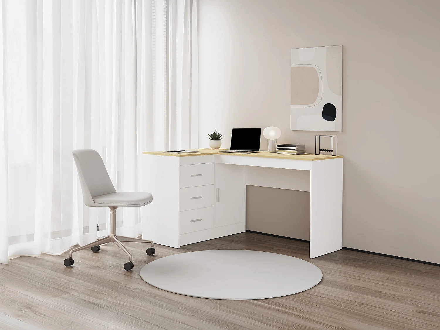 Bureau avec rangements - Coloris : Blanc et naturel - RIDOVA