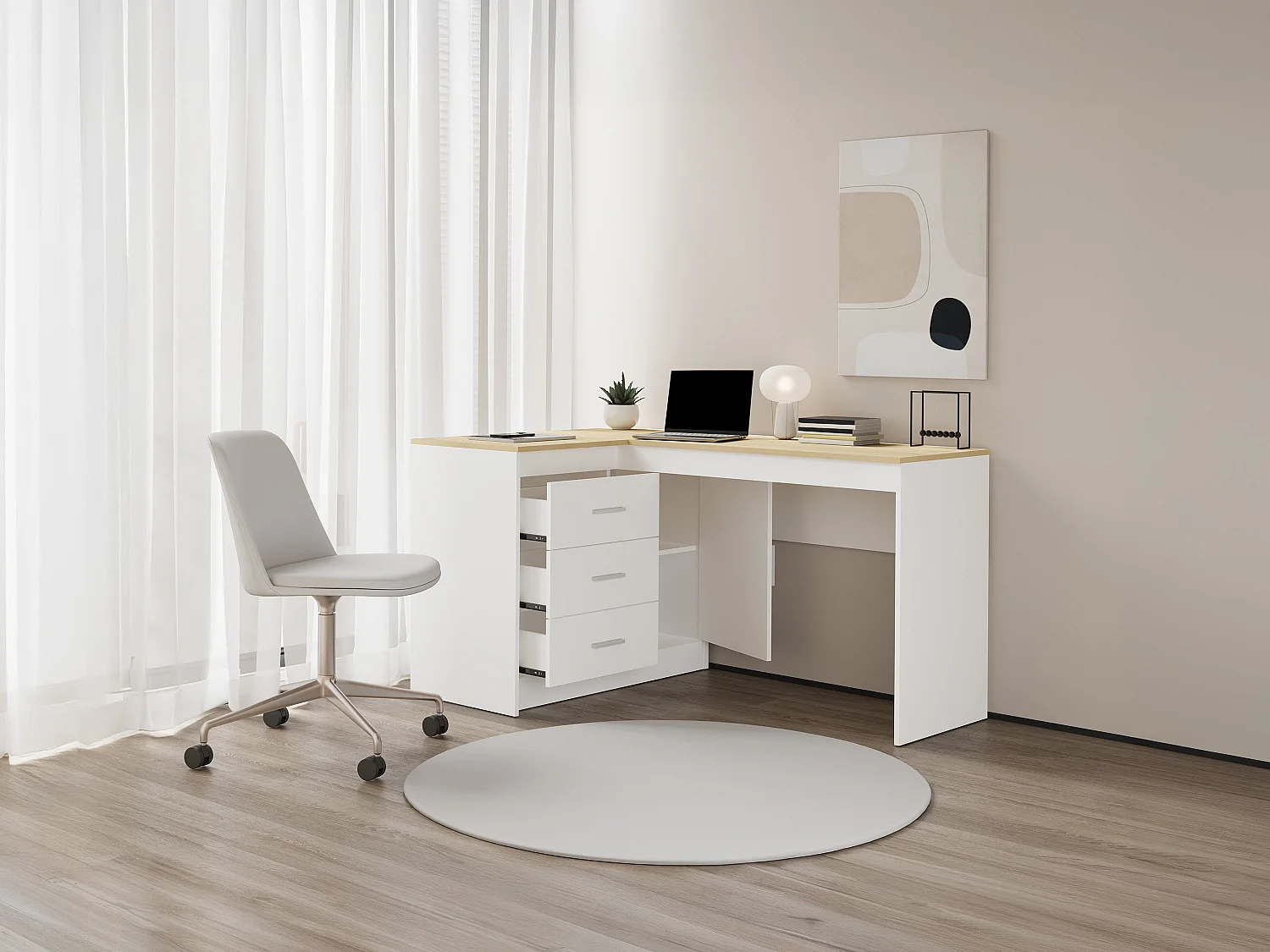 Bureau avec rangements - Coloris : Blanc et naturel - RIDOVA
