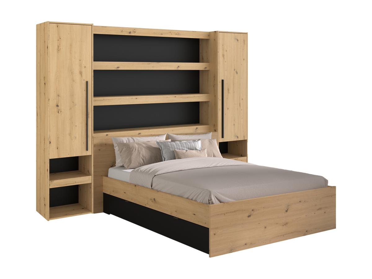 Bett mit Stauraum & LEDs - 140 x 190/200 cm - Holzfarben & Schwarz - VARLY günstig online kaufen