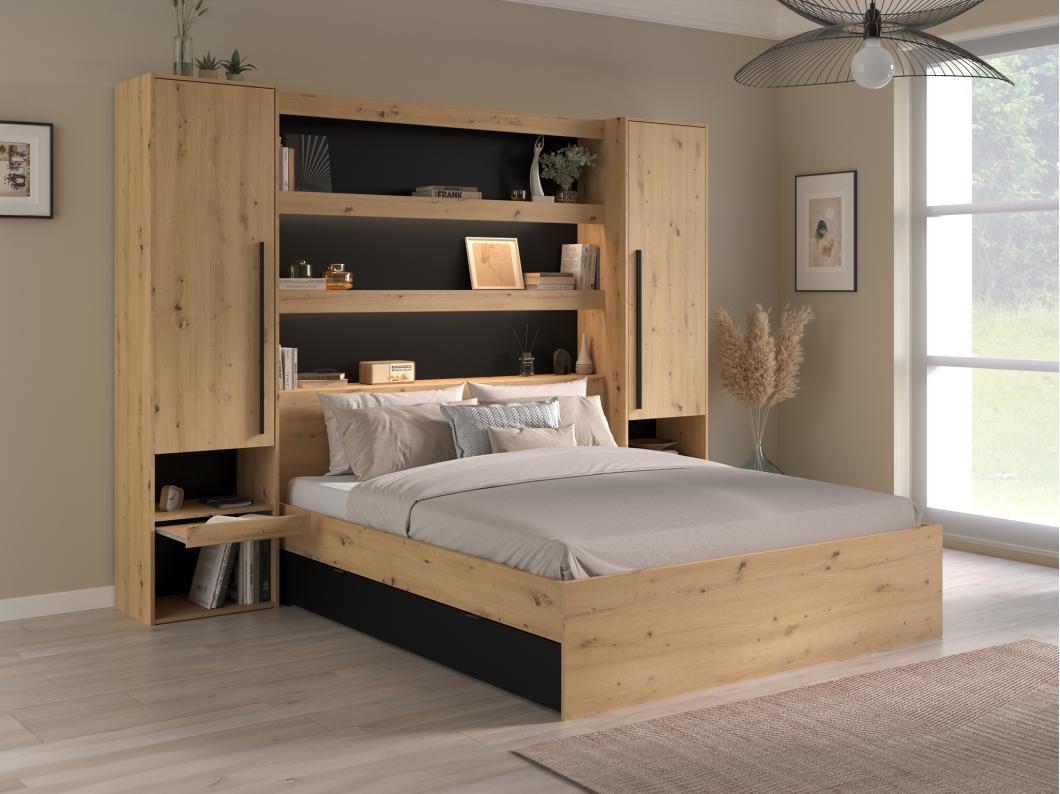 Letto a ponte 140 x 190/200 cm Con vani portaoggetti Con LED Naturale e nero - VARLY