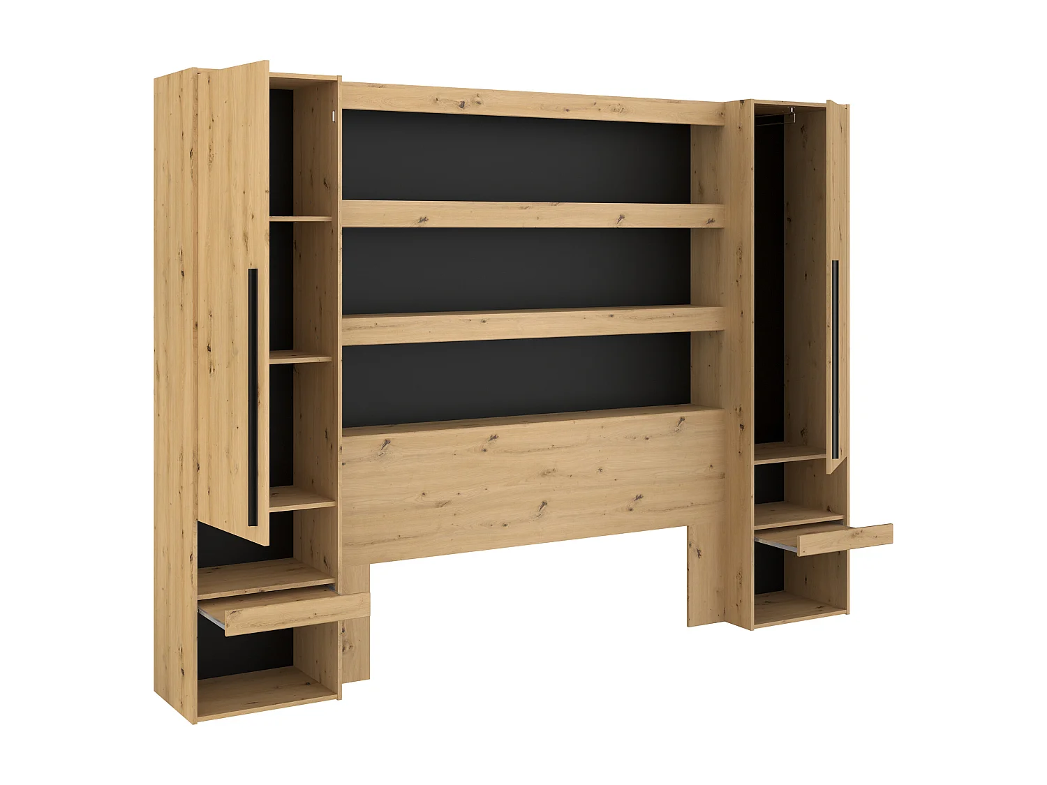 Lit pont 140 x 190/200 cm avec rangements - Avec LEDs - Coloris : Naturel et noir + Sommier - VARLY