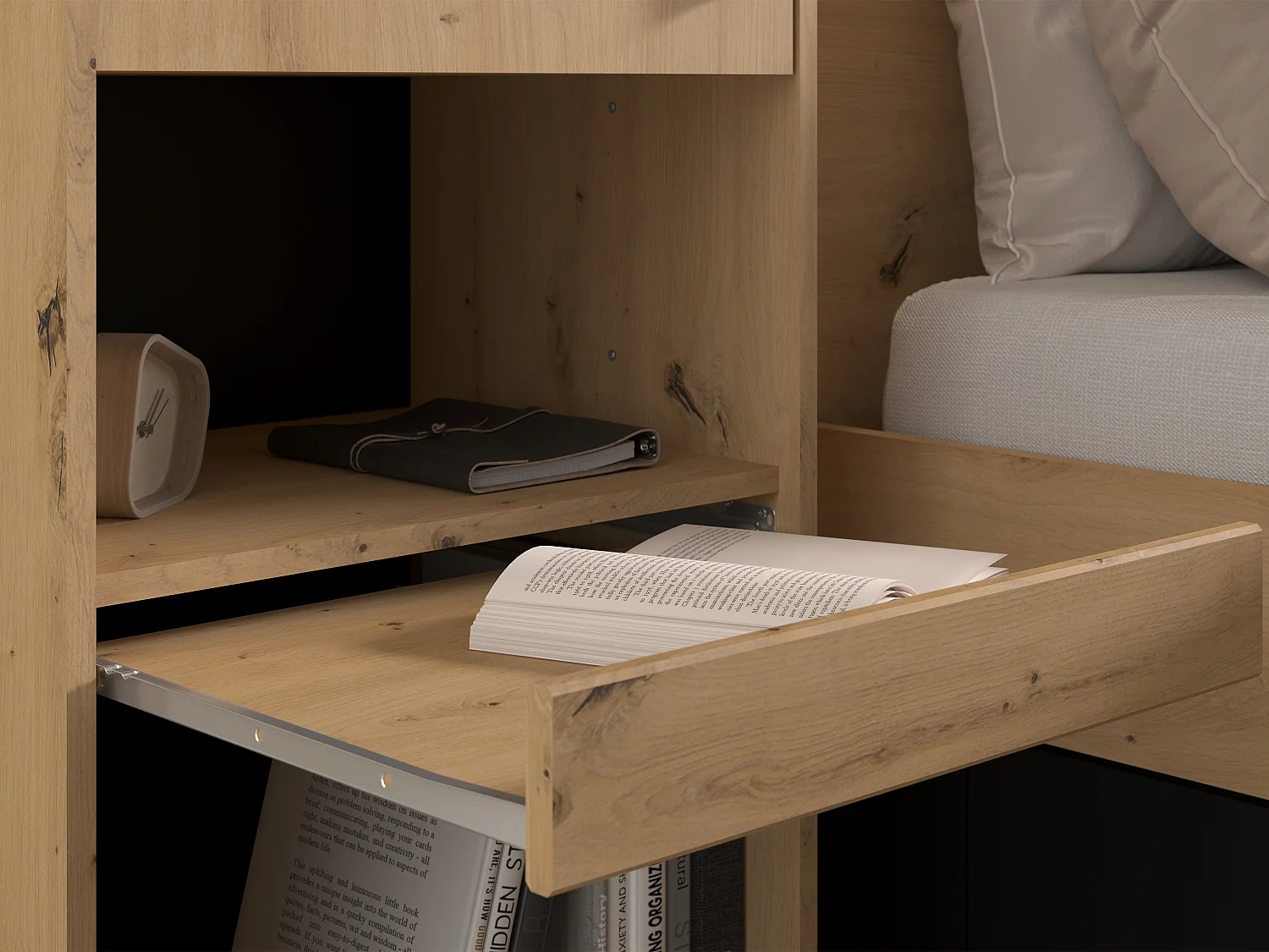 Letto a ponte 140x190/200cm Con vani portaoggetti Con LED Naturale e Nero + Rete a doghe + Materasso - VARLY