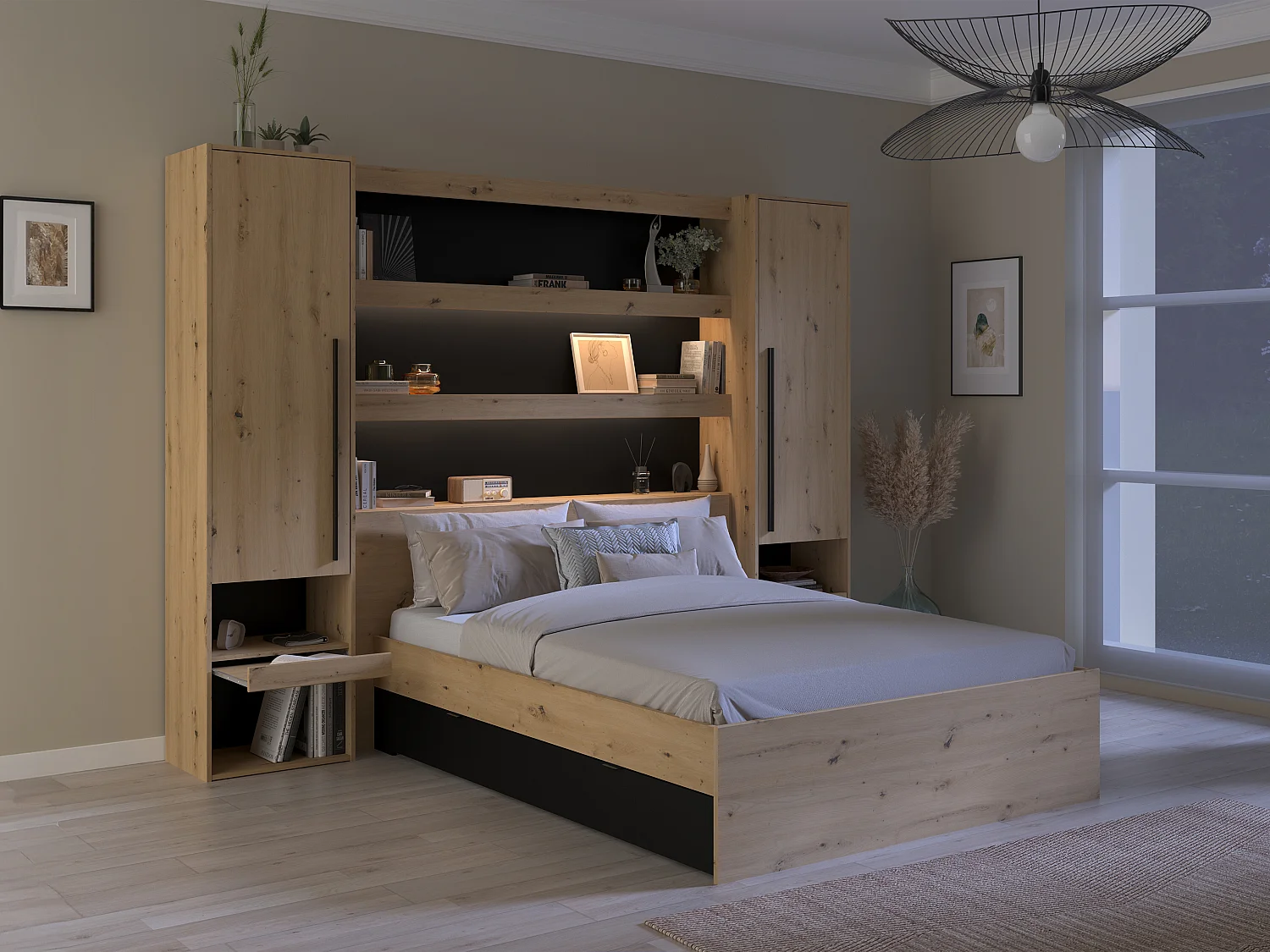 Lit pont 160 x 200 cm avec rangements - Avec LEDs - Coloris : Naturel et noir - VARLY